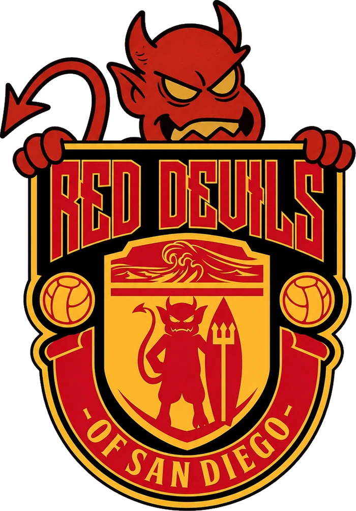 Red Devils of San Diego crest with the club devil peeking over the top