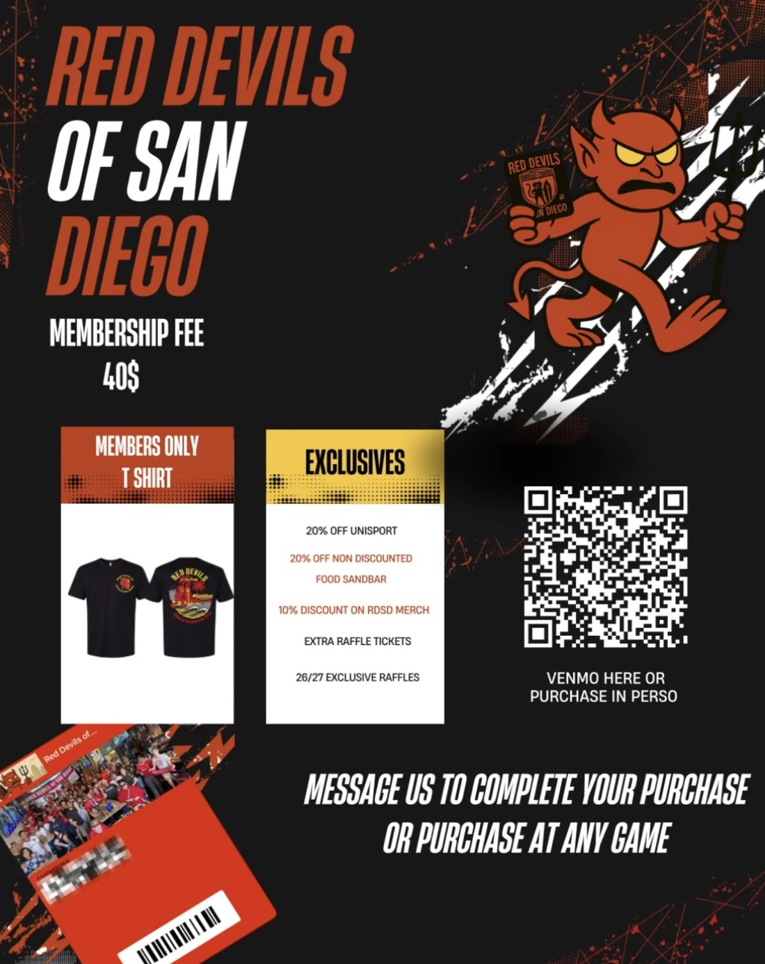 Red Devils of San Diego membership flyer: $40 fee, members-only T-shirt, 20% off Unisport, 20% off non-discounted food at Sandbar, 10% off RDSD merch, extra raffle tickets, 26/27 exclusive raffles, and a Venmo QR code